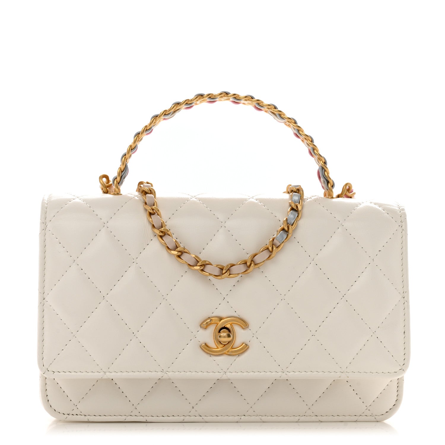 Chanel Shiny Calfskin Quilted Multicolor Top Handle Wallet On Chain WOC White 1 of 15
