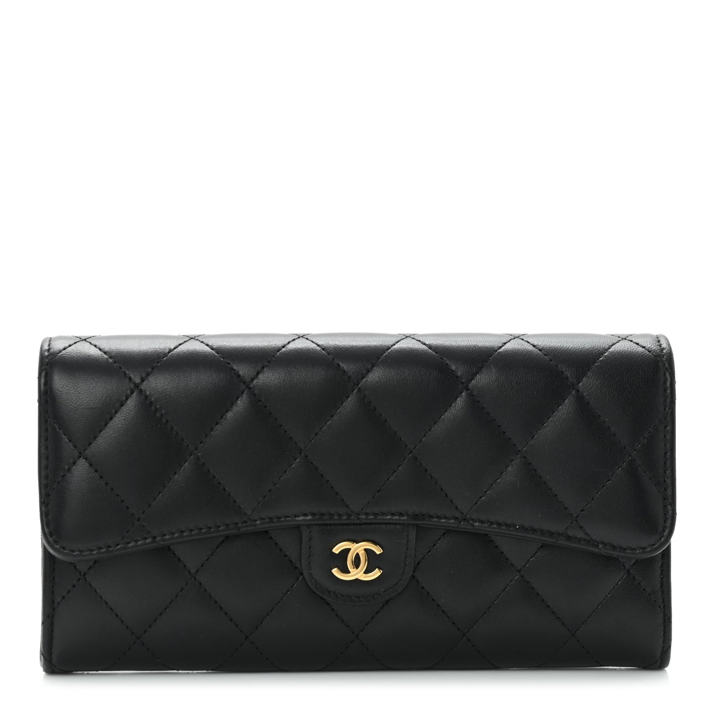 Lambskin Quilted Large Gusset Flap Wallet Black