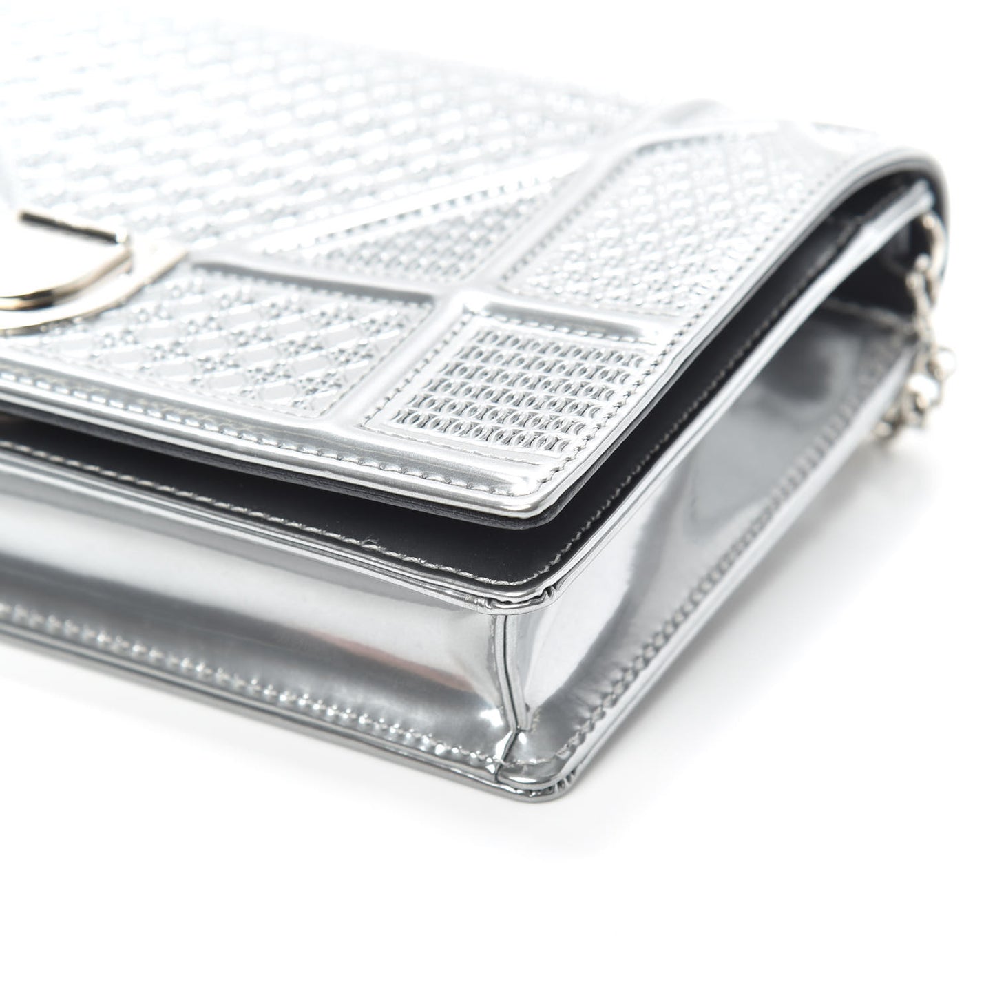 Metallic Patent Micro-Cannage Diorama Wallet on Chain Pouch Silver