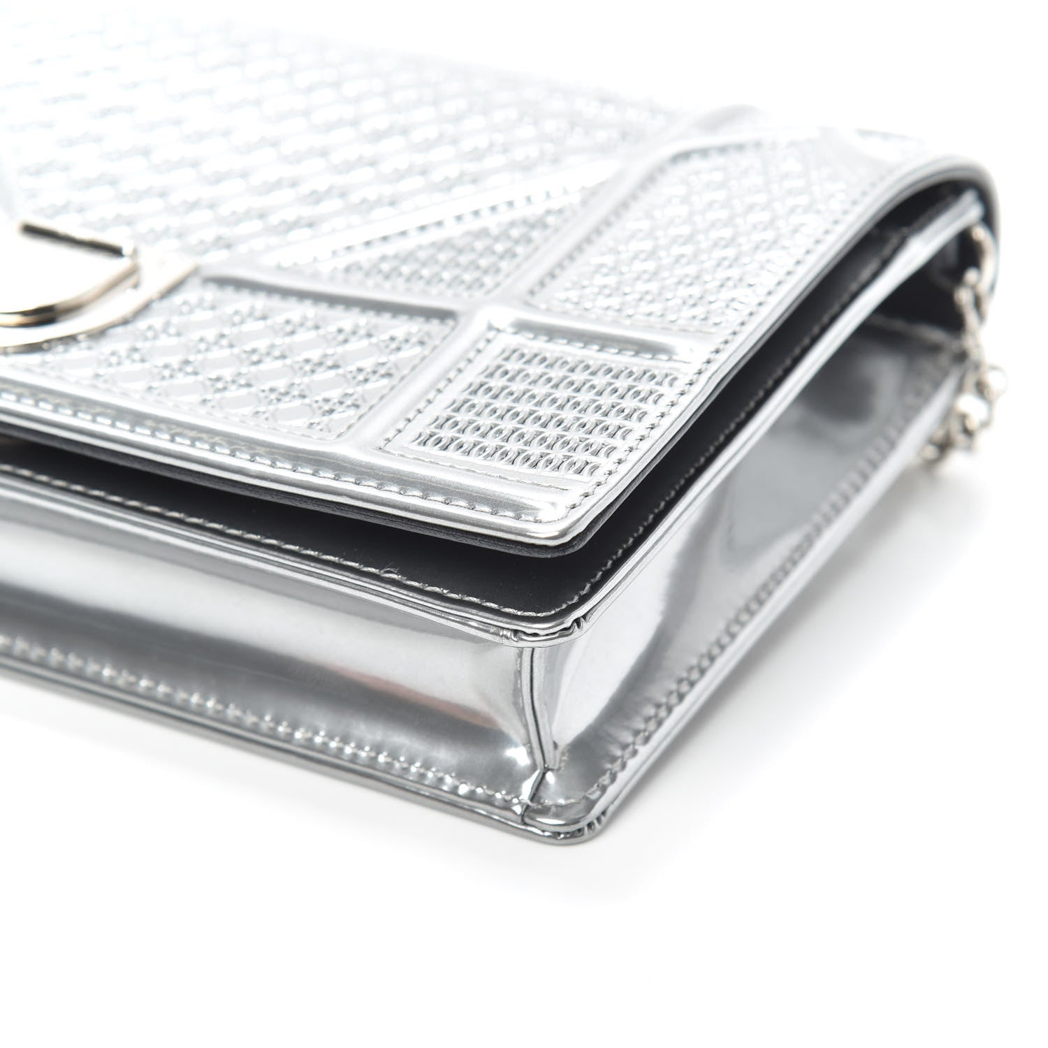 Christian Dior Metallic Patent Micro-Cannage Diorama Wallet on Chain Pouch Silver 8 of 8