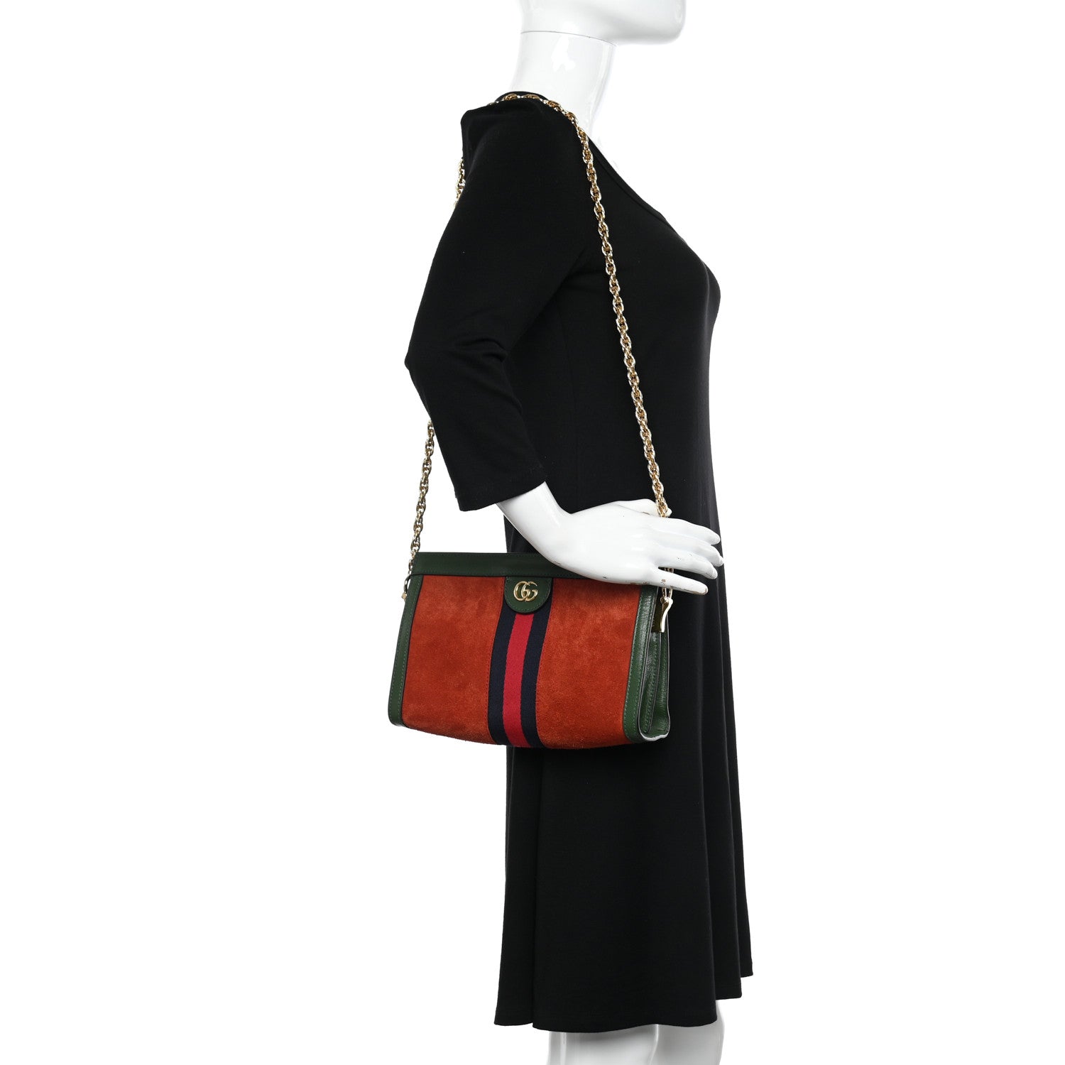 Gucci Suede Calfskin GG Web Small Ophidia Chain Shoulder Bag Brown Red Green 2 of 14