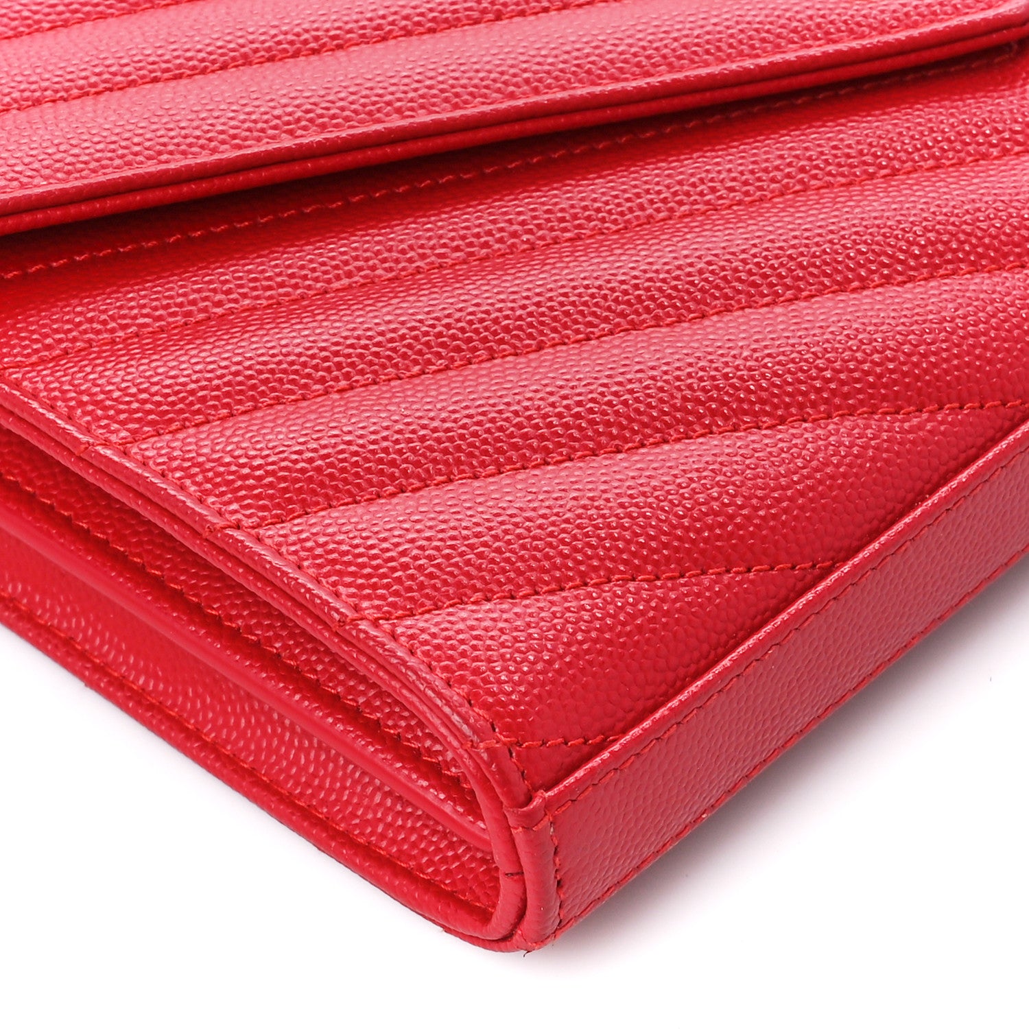 Saint Laurent Grain De Poudre Matelasse Chevron Monogram Chain Wallet New Red 9 of 10