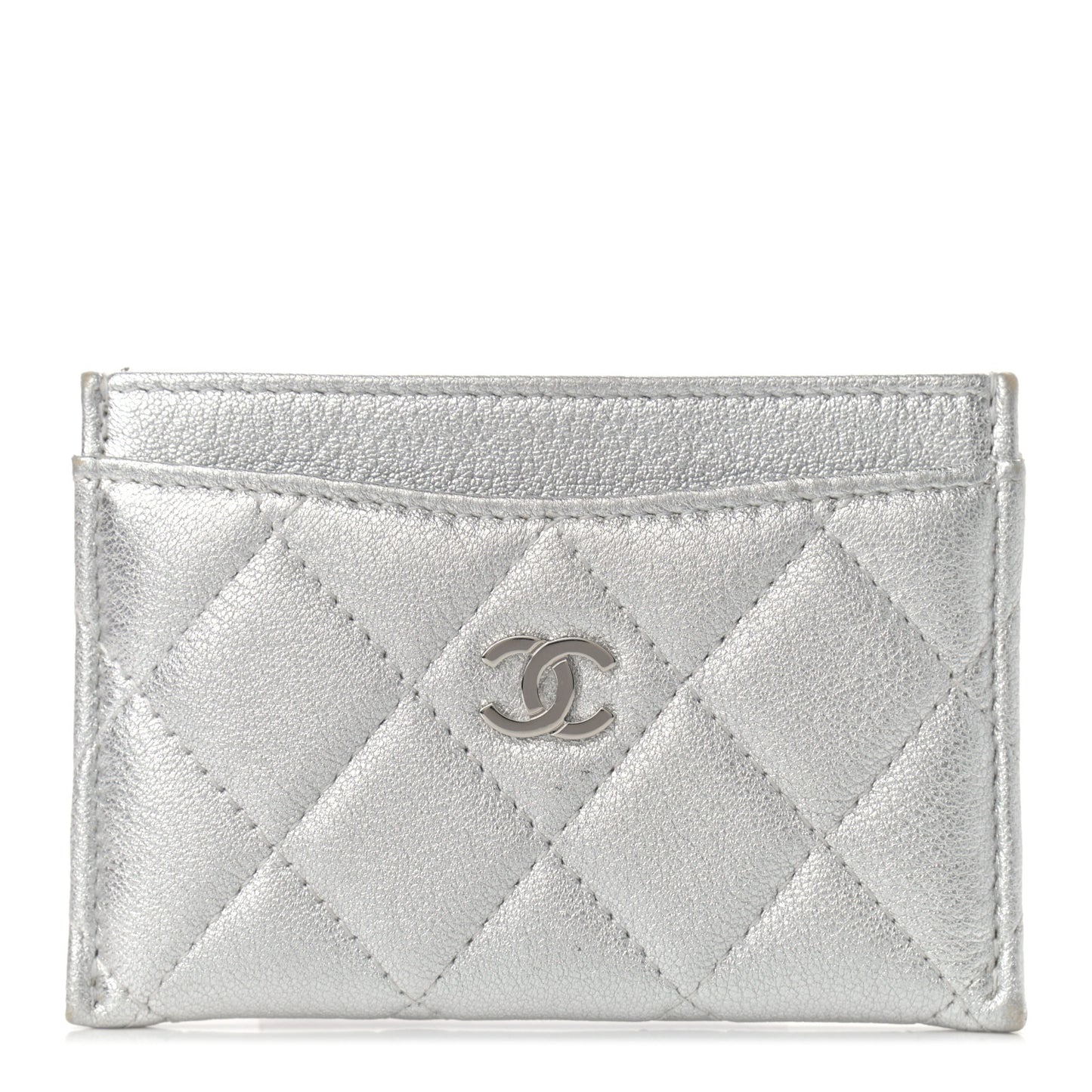 Metallic Lambskin Quilted Card Holder Silver