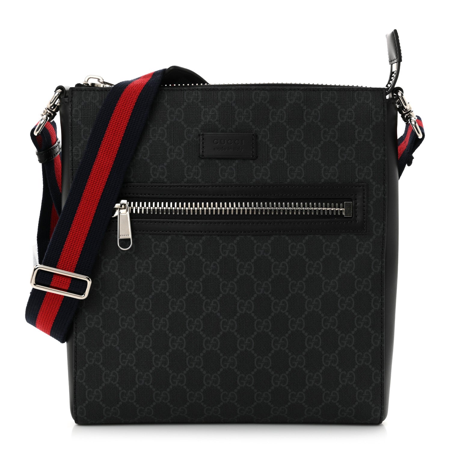 Gucci GG Supreme Monogram Appia Calfskin Web Flat Messenger Bag Black Grey 1 of 10