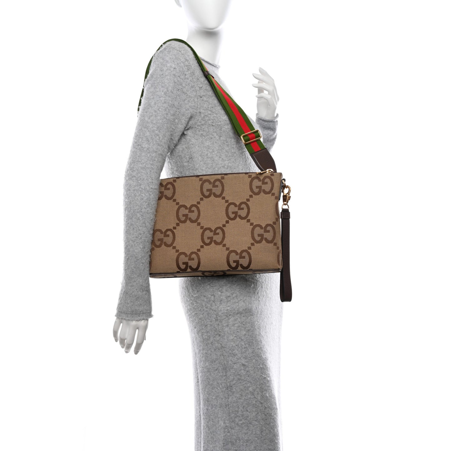Monogram Jumbo GG Textured Dollar Calfskin Web Wristlet Messenger Bag Camel Ebony New Acero