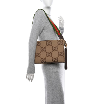 Gucci Monogram Jumbo GG Textured Dollar Calfskin Web Wristlet Messenger Bag Camel Ebony New Acero 2 of 14