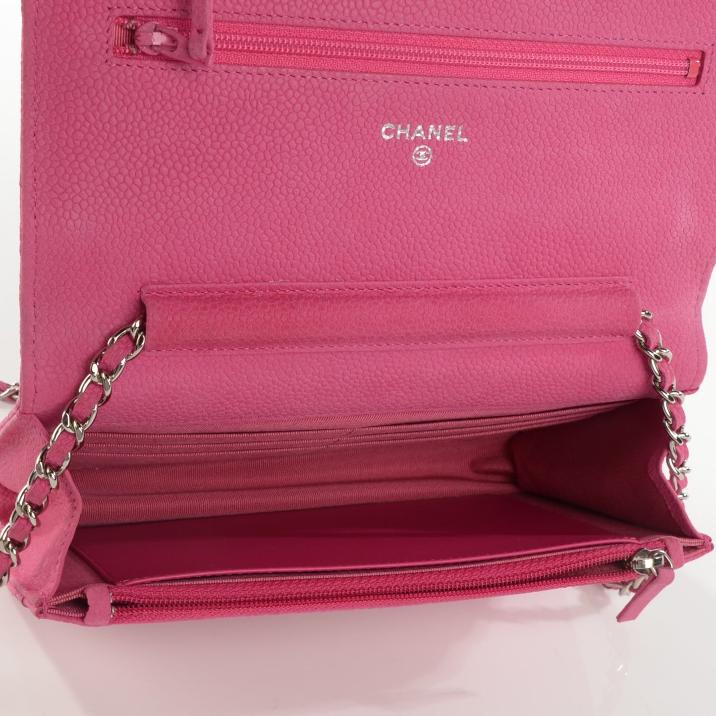 Iridescent Caviar Quilted Wallet on Chain WOC Pink