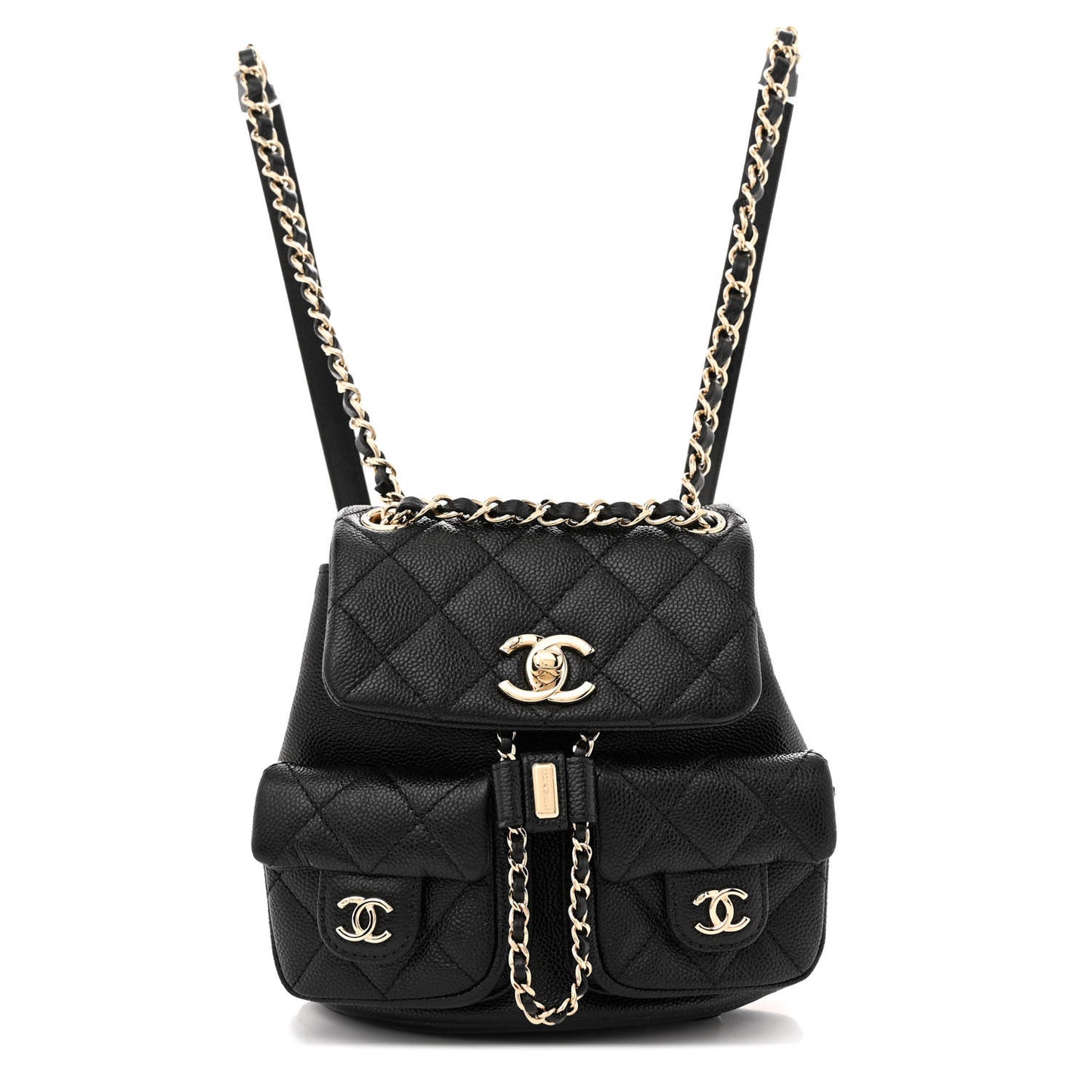 Shiny Caviar Quilted Small Duma Pockets Drawstring Backpack Black