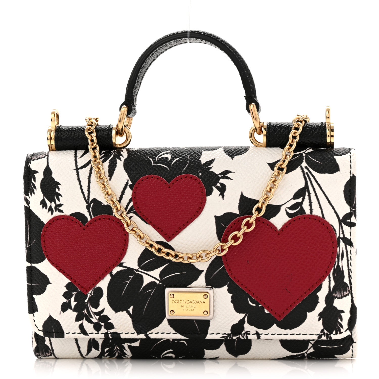 Dolce & Gabbana Dauphine Floral Print Hearts Mini Miss Sicily Chain Phone Case Wallet White Black 1 of 11