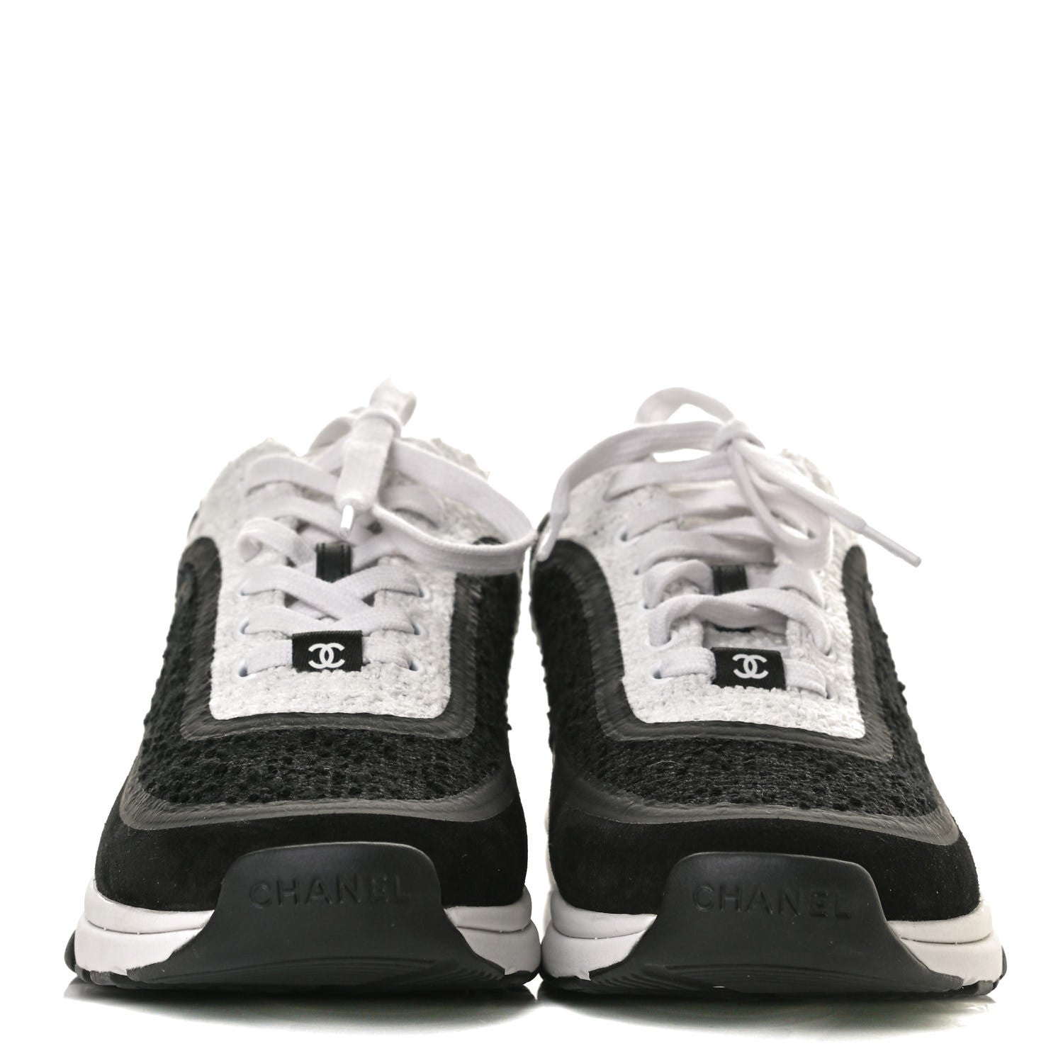 Chanel Tweed Suede Calfskin CC Sneakers 40 Black White 2 of 9