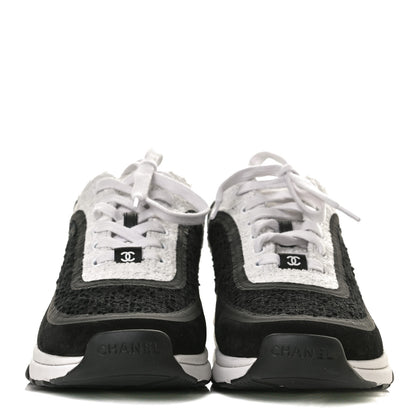 Chanel Tweed Suede Calfskin CC Sneakers 40 Black White 2 of 9