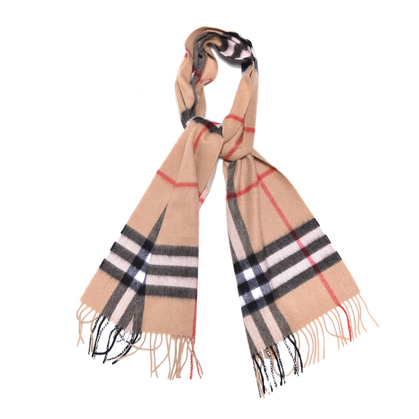 Cashmere Giant Check Fringe Scarf Camel
