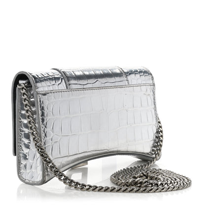 Balenciaga Metallic Calfskin Crocodile Embossed Hourglass Chain Bag Silver 3 of 10