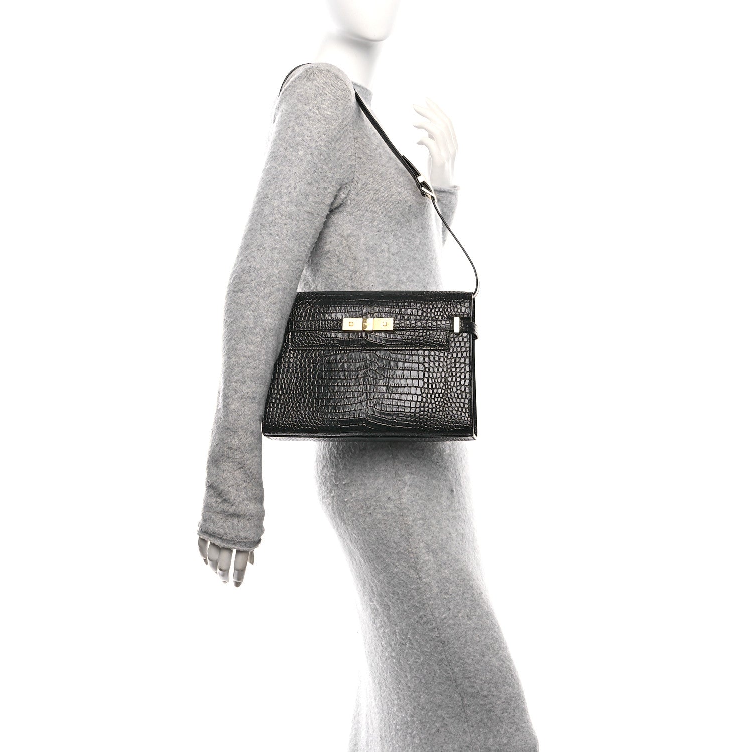 Saint Laurent Shiny Calfskin Crocodile Embossed Manhattan Baguette Black 2 of 12