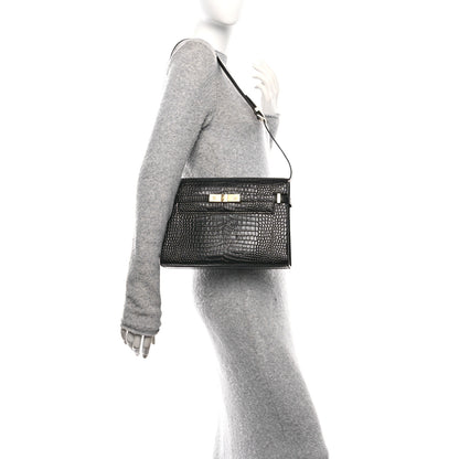 Saint Laurent Shiny Calfskin Crocodile Embossed Manhattan Baguette Black 2 of 12