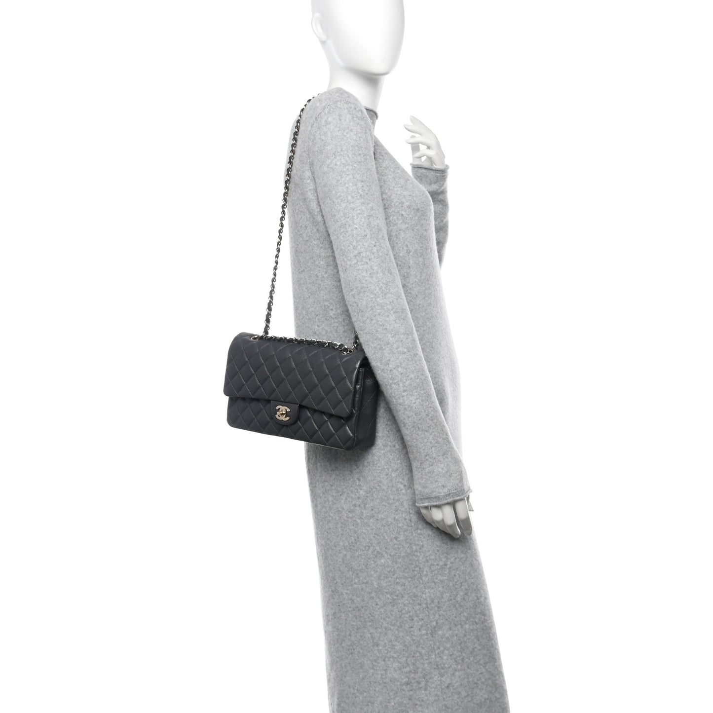 Caviar Quilted Medium Double Flap Dark Grey