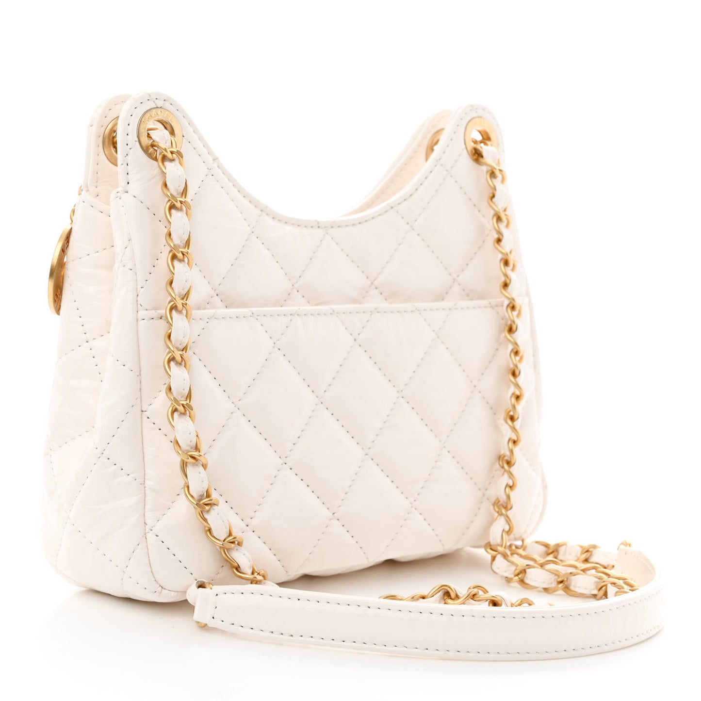 Shiny Crumpled Calfskin Quilted Small Wavy CC Hobo White