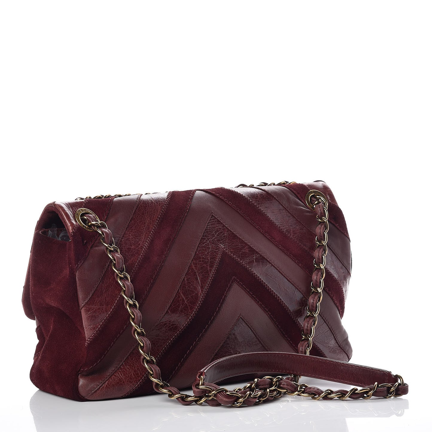 Suede Lambskin Glazed Calfskin Large Lady Vintage Chevron Flap Burgundy