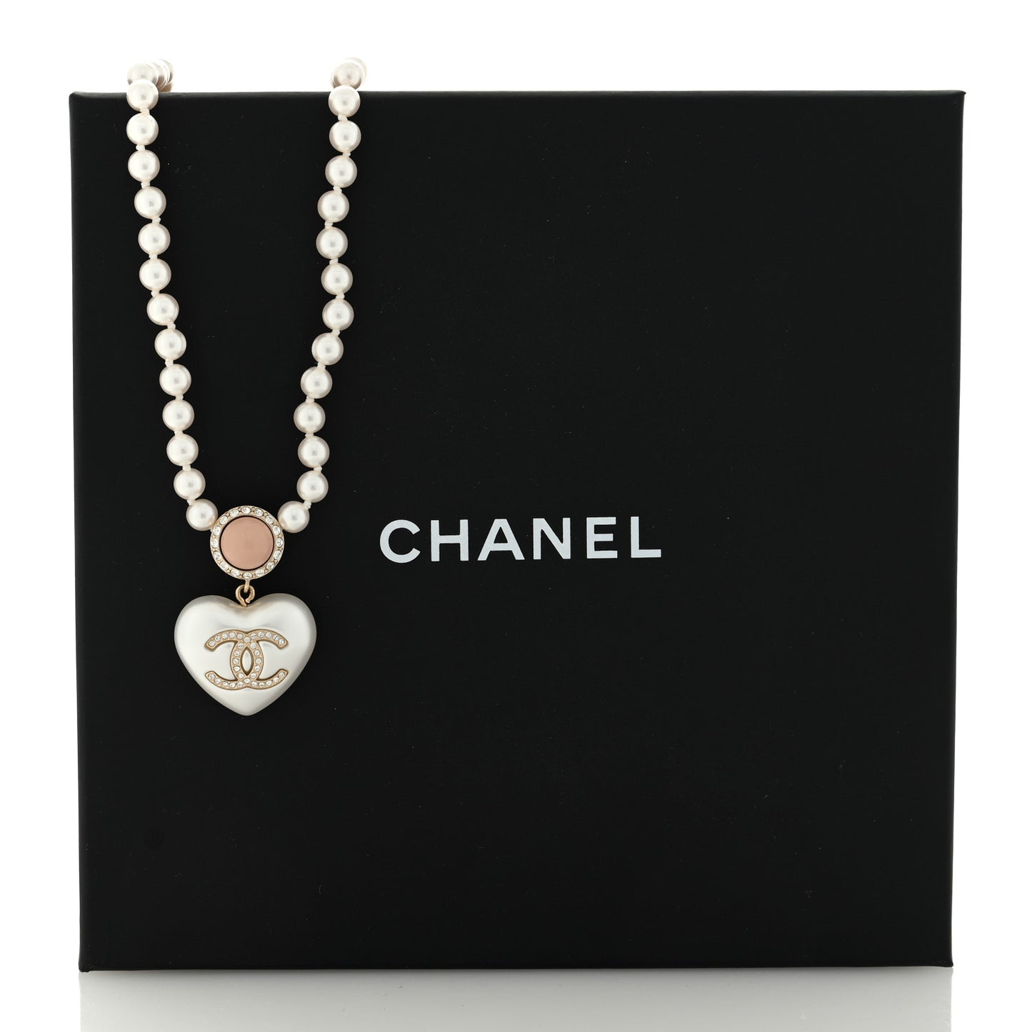 Pearl Crystal CC Heart Short Necklace Gold Pearly White Pink