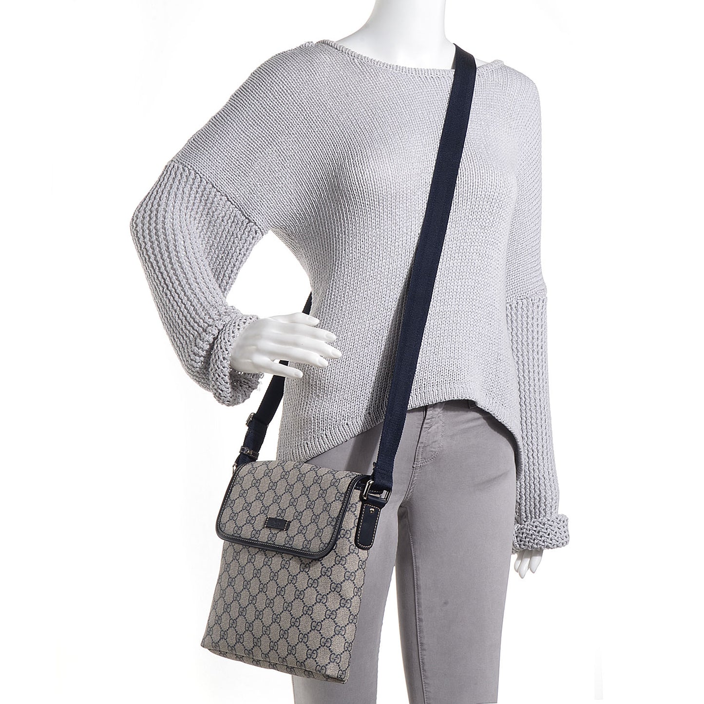 GG Plus Monogram Sellieria Calfskin Small Flap Messenger Bag Beige Blue