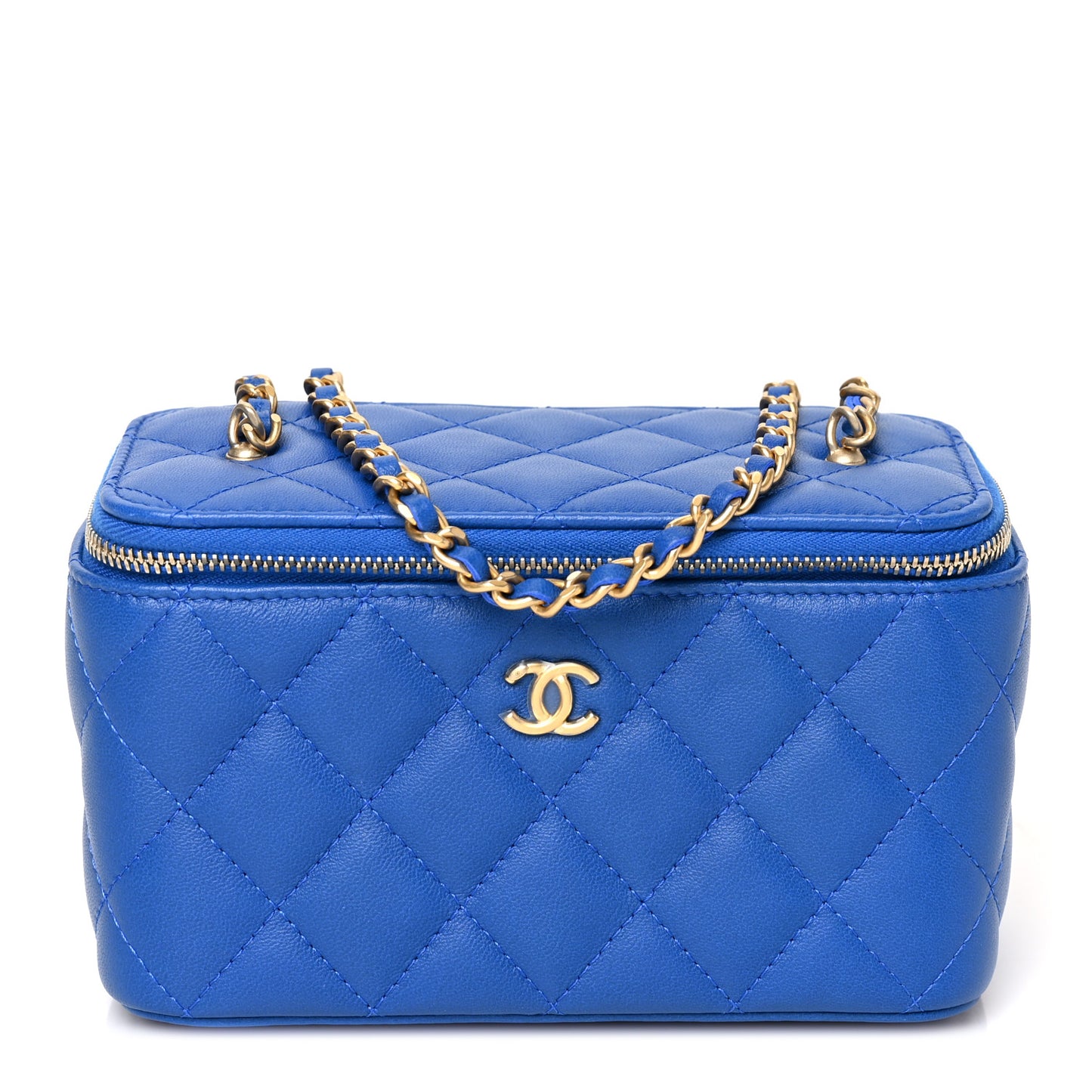 Lambskin Quilted Pearl Crush Small Vanity Case With Chain Blue