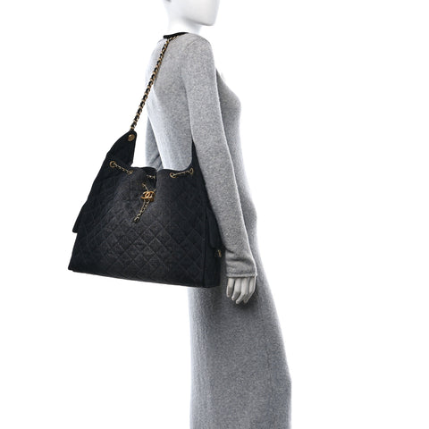 Washed Denim Quilted Medium Chanel 25 Handbag Black