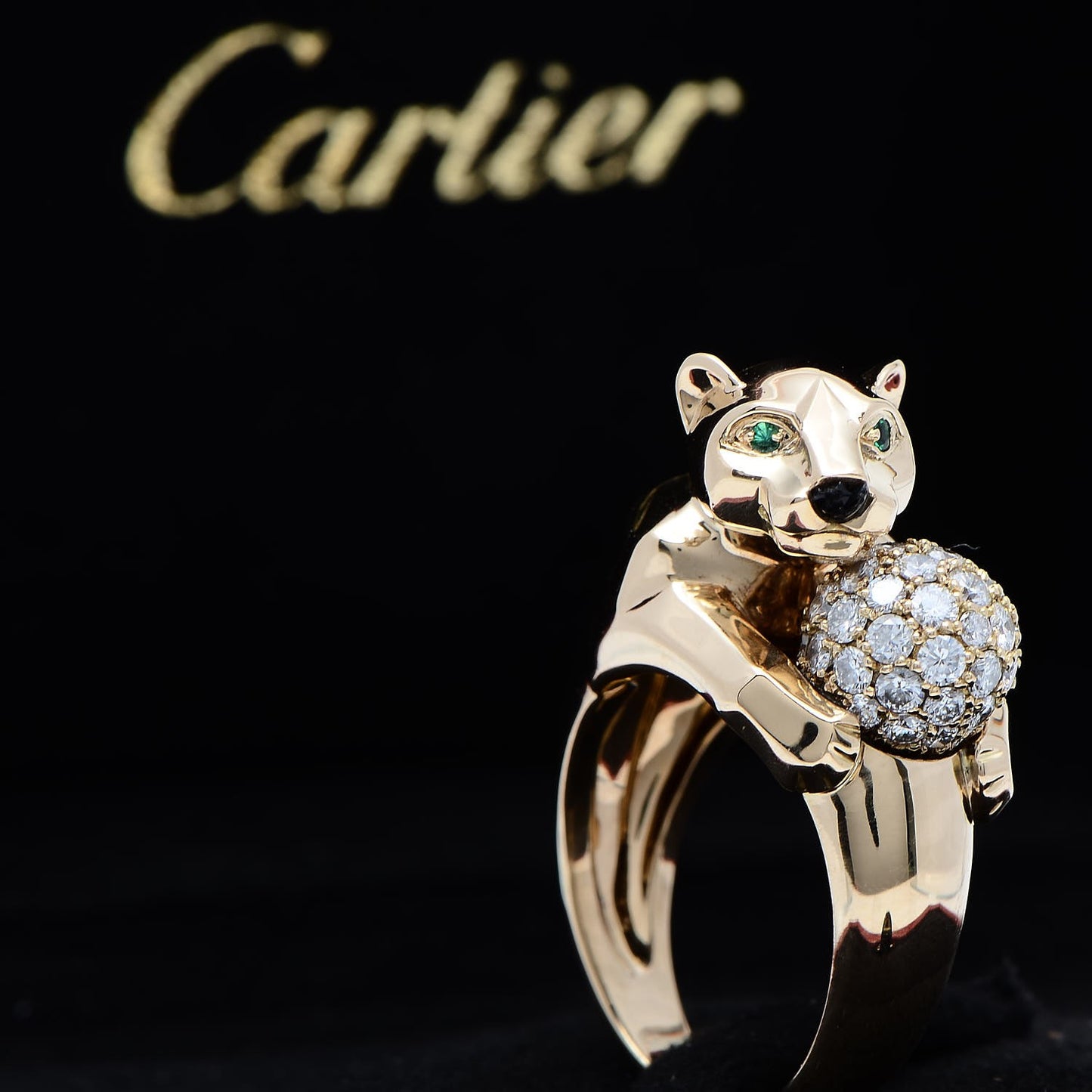 18K Yellow Gold Diamond Onyx Emerald Panthère De Ring 53 6.25