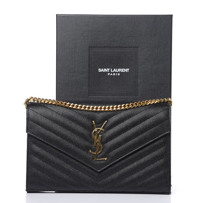 Saint Laurent Grain De Poudre Matelasse Chevron Monogram Chain Wallet Black 10 of 10