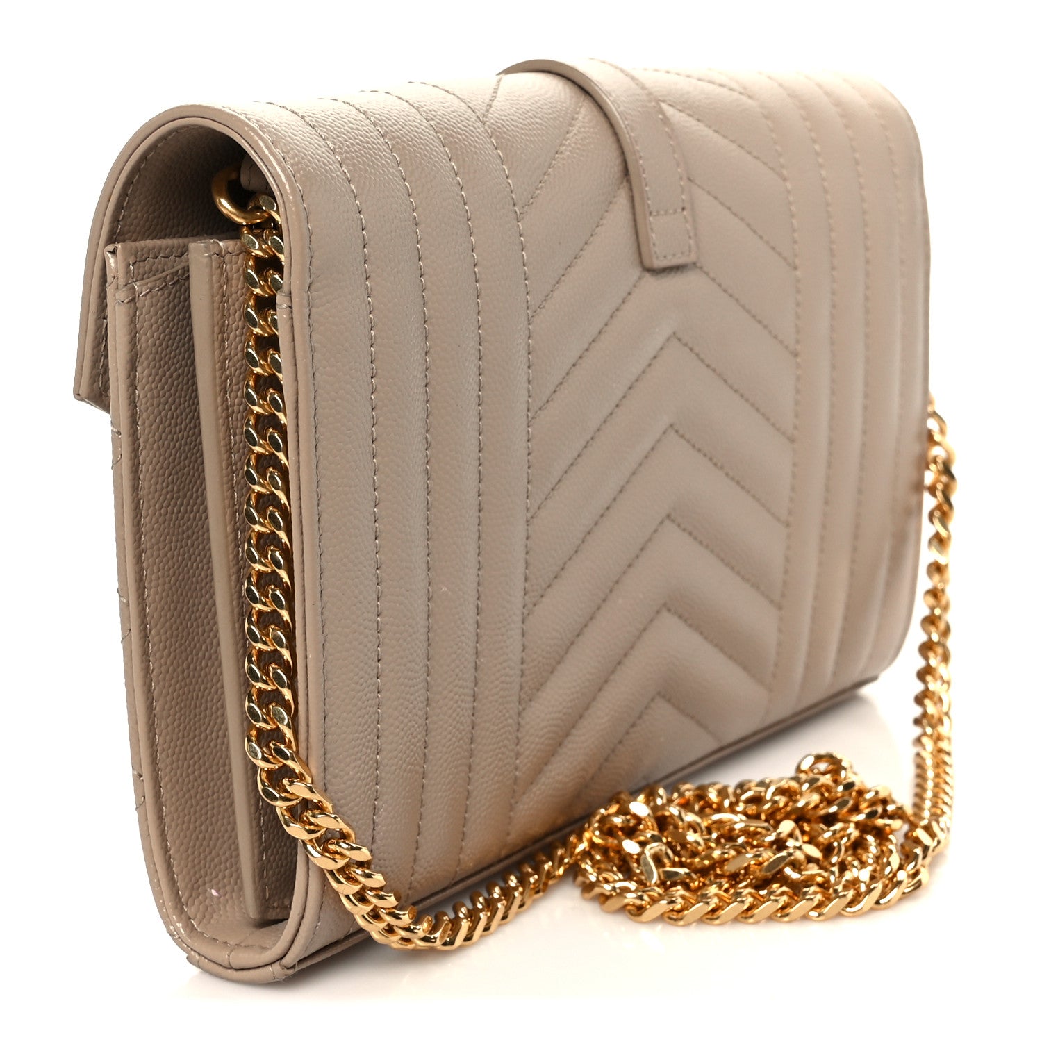 Saint Laurent Grain De Poudre Mixed Matelasse Triquilt Monogram Chain Wallet Dark Beige 3 of 10
