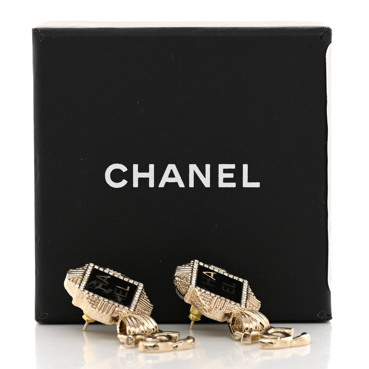 Resin Crystal Quilted CC Drop Earrings Black Gold