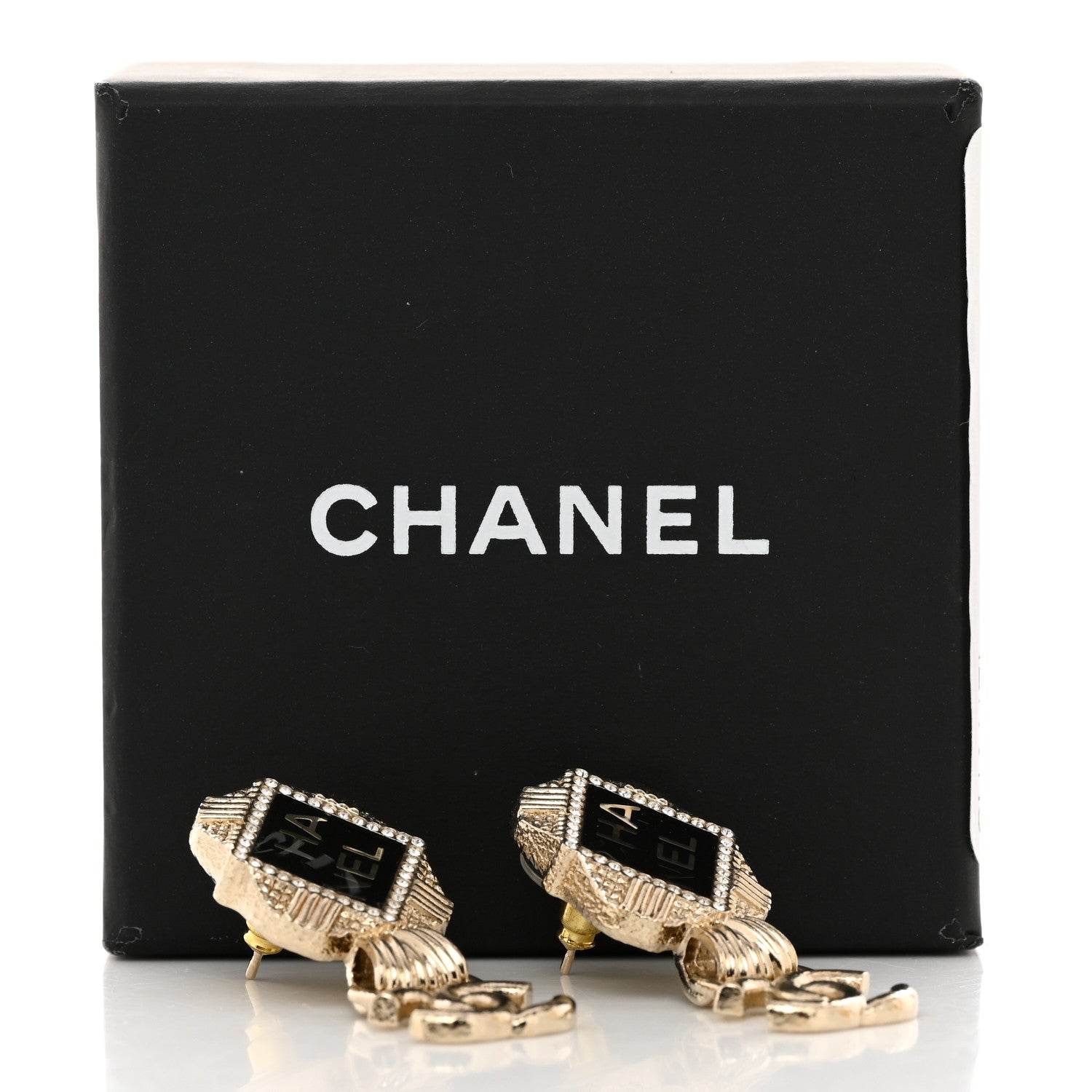 Chanel Resin Crystal Quilted CC Drop Earrings Black Gold 5 of 5