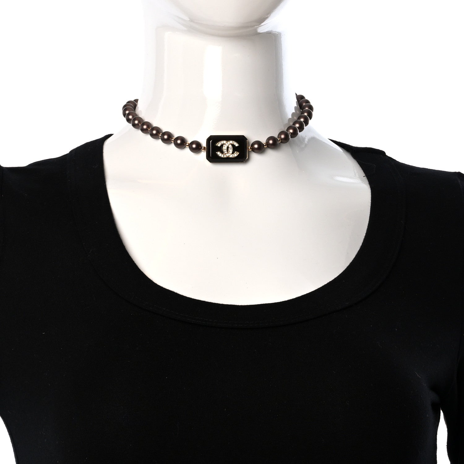 Chanel Pearl Crystal CC Choker Necklace Brown Gold 2 of 4
