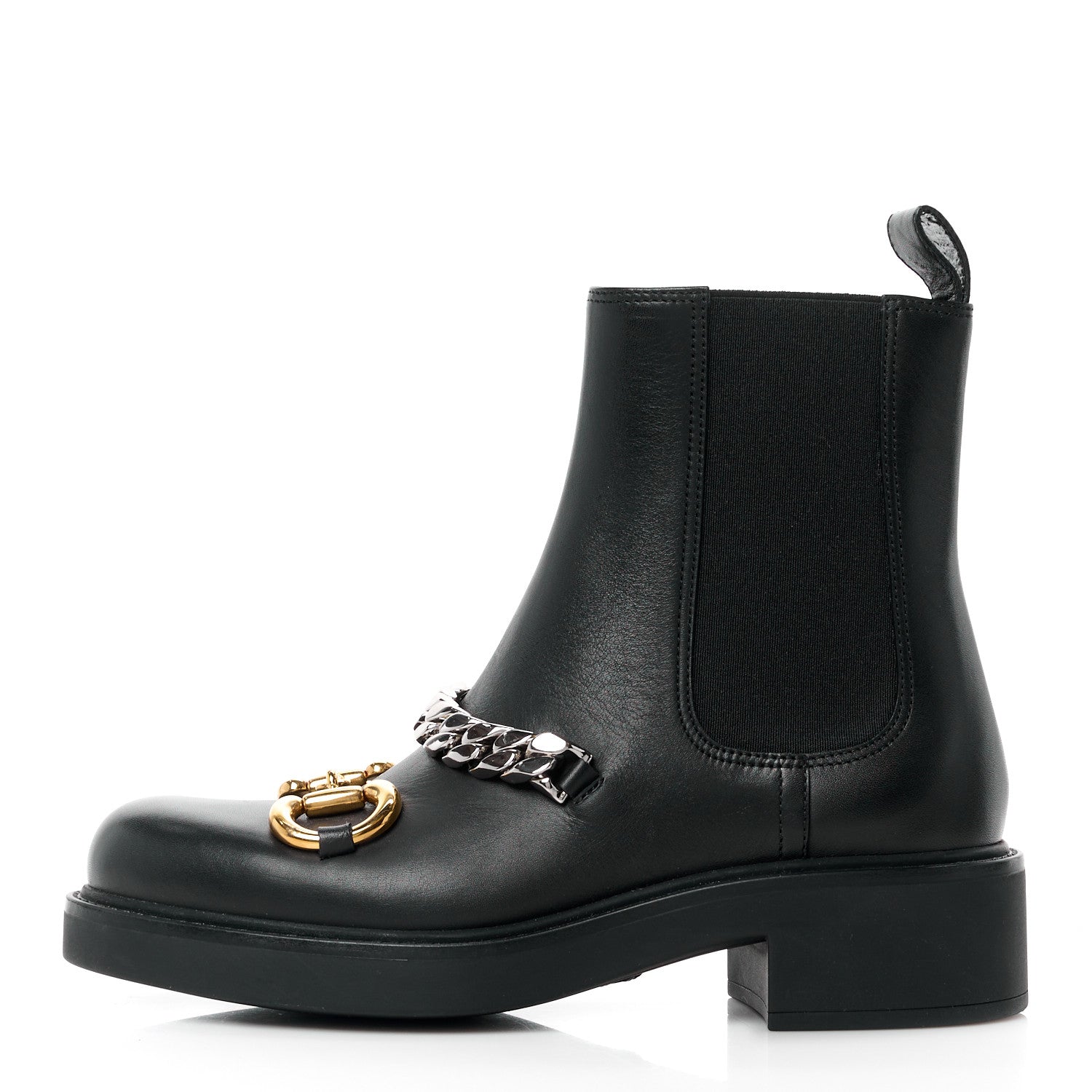 Gucci Flores Calfskin Horsebit Chain Ankle Boots 35 Black 1 of 8