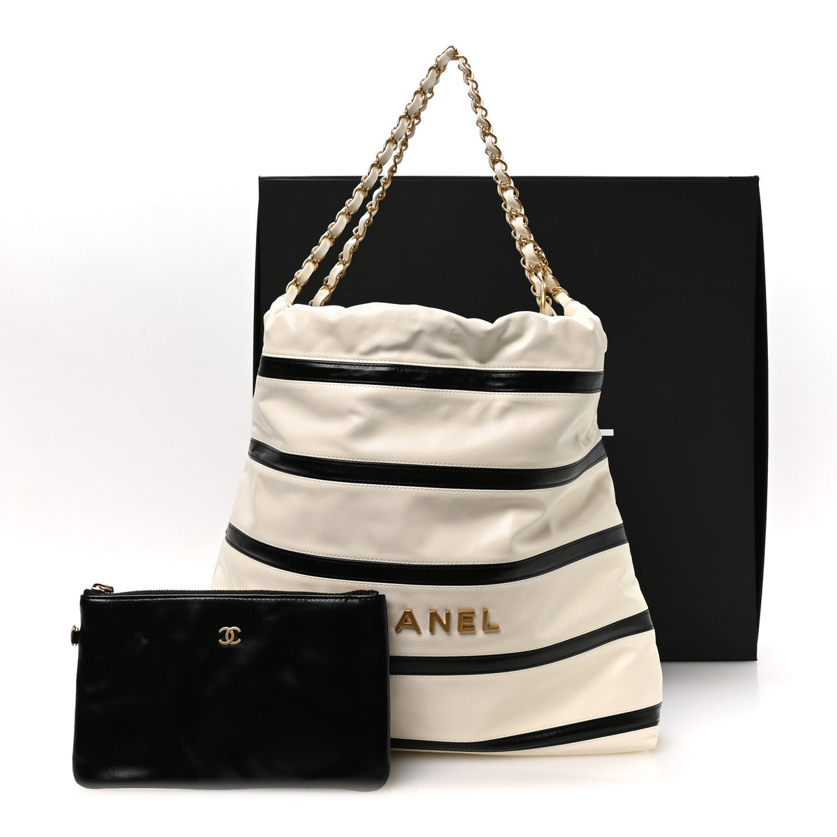 Shiny Calfskin Striped Small Chanel 22 Black White