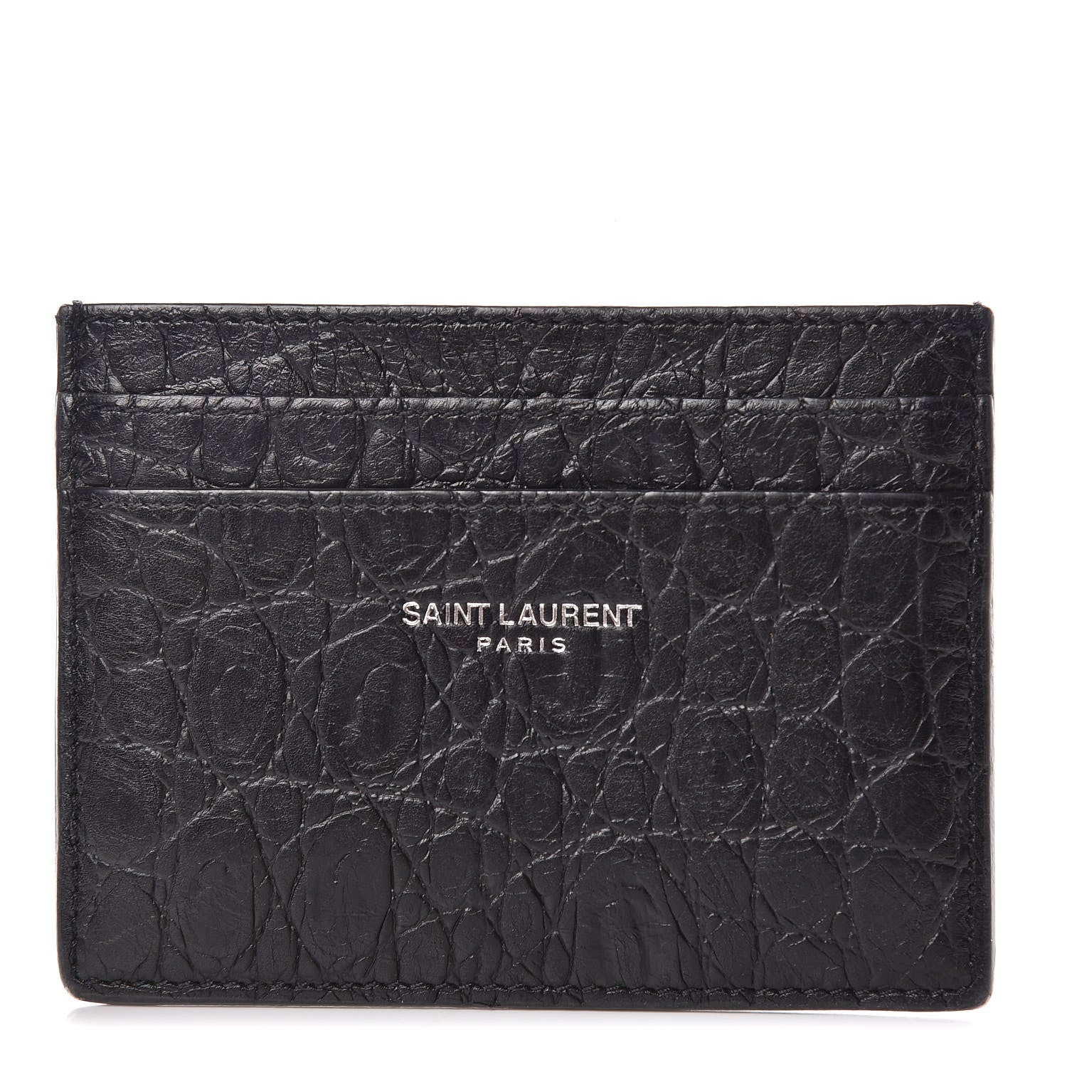 Saint Laurent Calfskin Crocodile Embossed Card Case Black 1 of 10