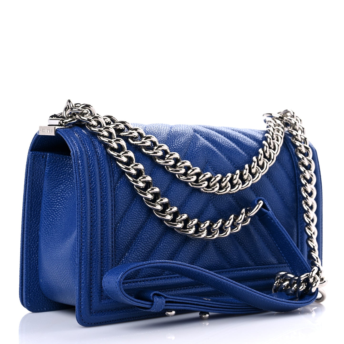 Caviar Chevron Quilted Medium Boy Flap Dark Blue