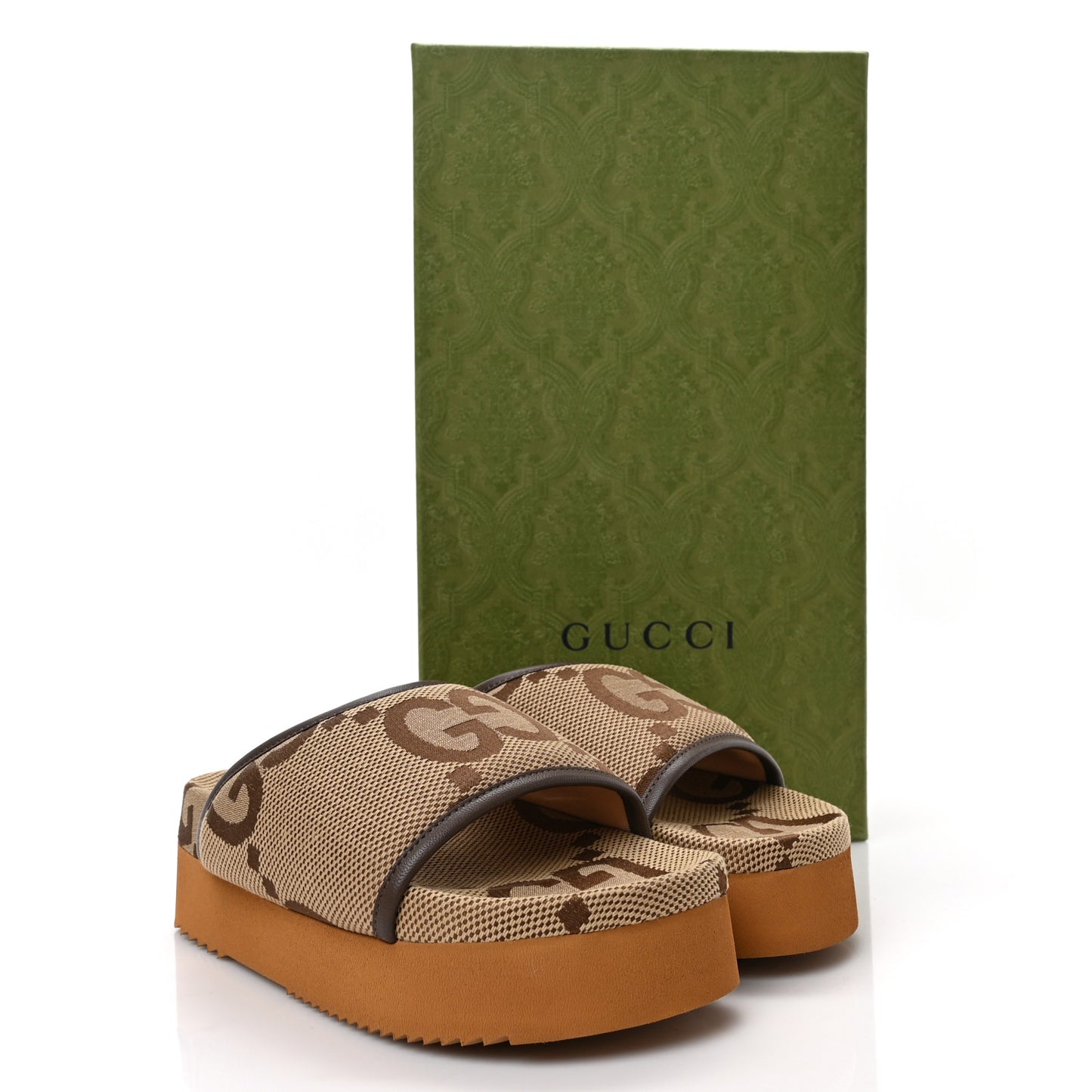 Monogram Jumbo GG Nappa Samoa Platform 40mm Slide Sandals 35 Camel Ebony New Acero
