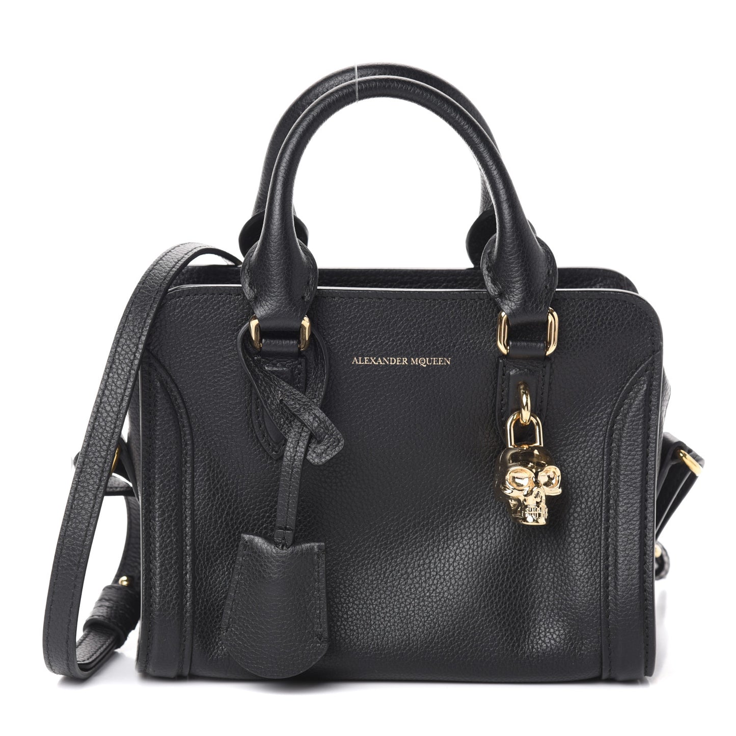 Pebbled Calfskin Mini Skull Padlock Zip Around Tote Black