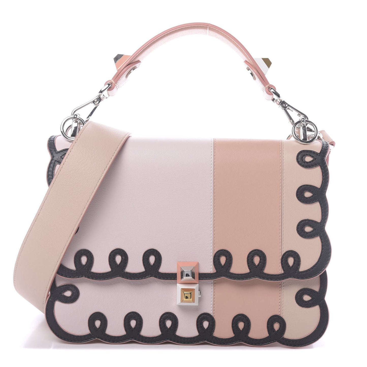 Vitello Dolce Scalloped Studded Scrollwork Kan I Shoulder Bag Plaster Black