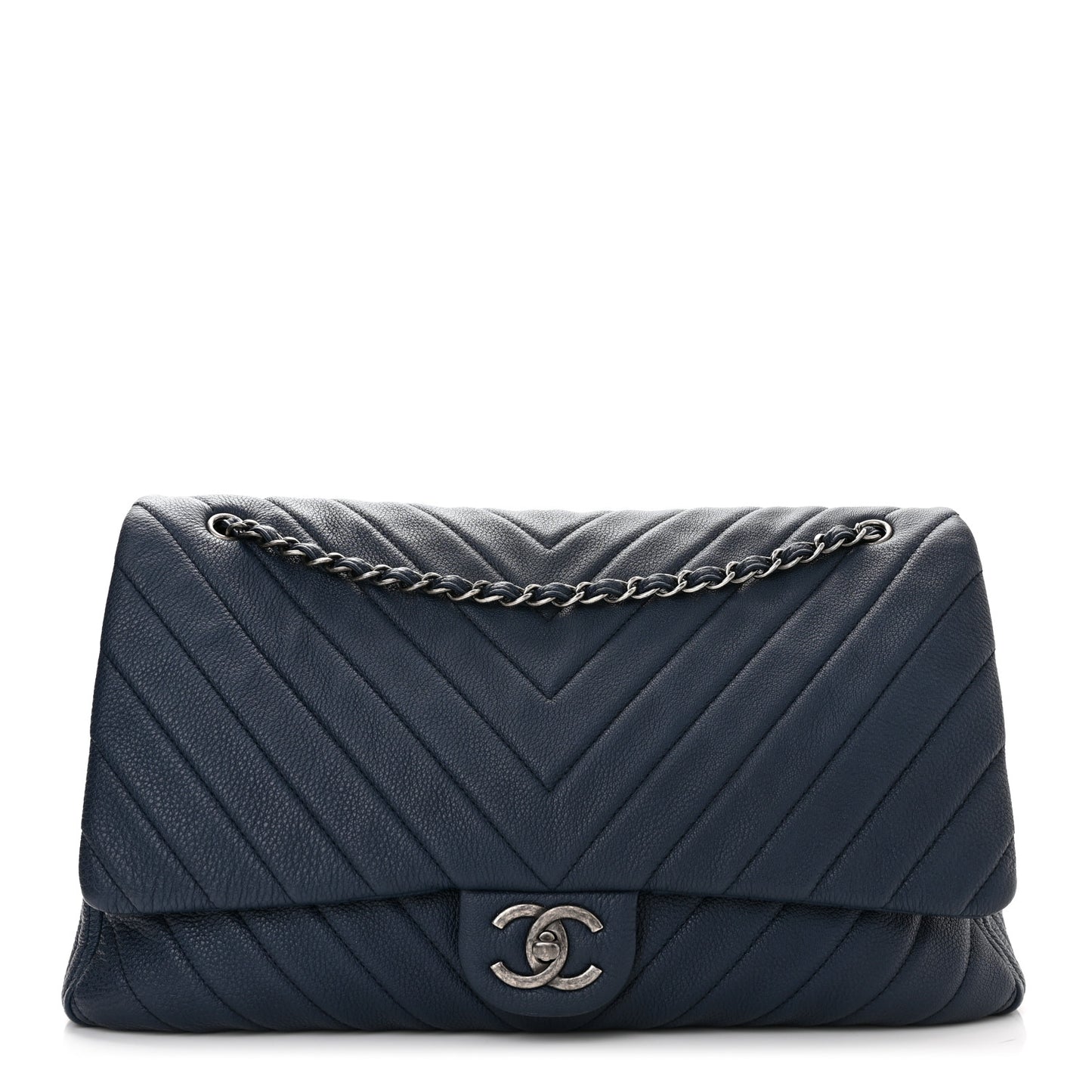 Calfskin Chevron Quilted XXL Travel Flap Bag Blue
