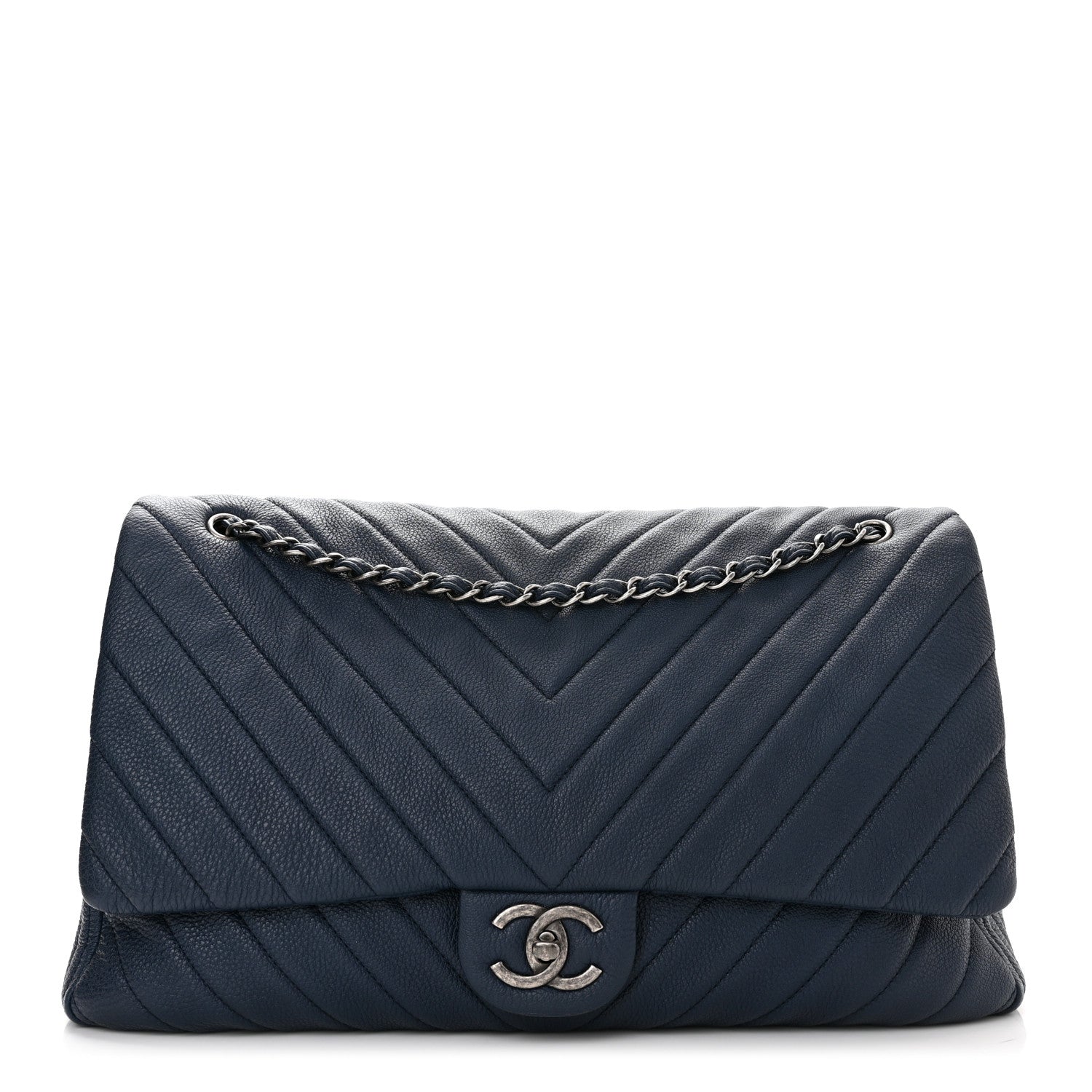 Chanel Calfskin Chevron Quilted XXL Travel Flap Bag Blue 1 of 10