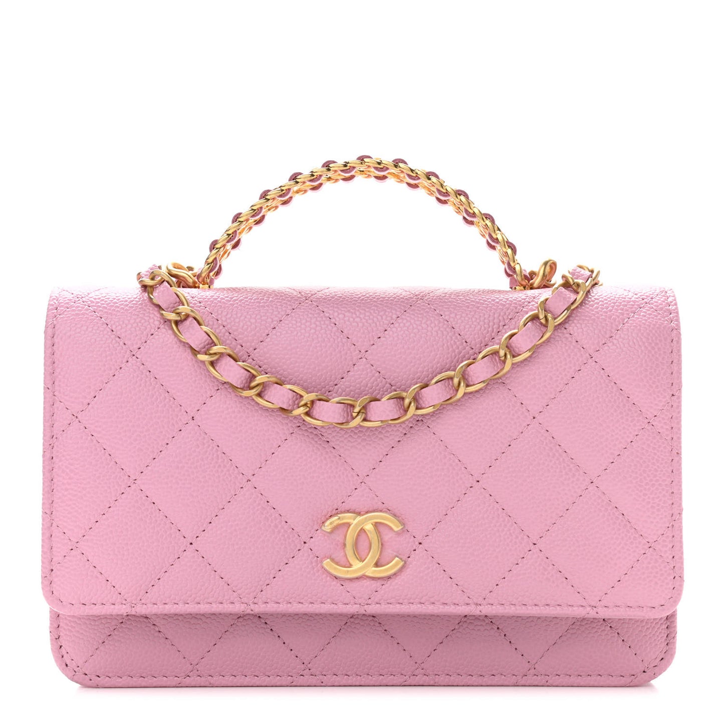 Shiny Caviar Quilted Pick Me Up Wallet On Chain WOC Pink