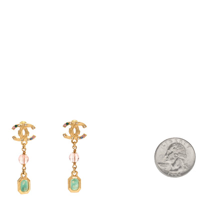 Chanel Crystal Pearl Glitter CC Drop Earrings Gold Green Pink 2 of 5