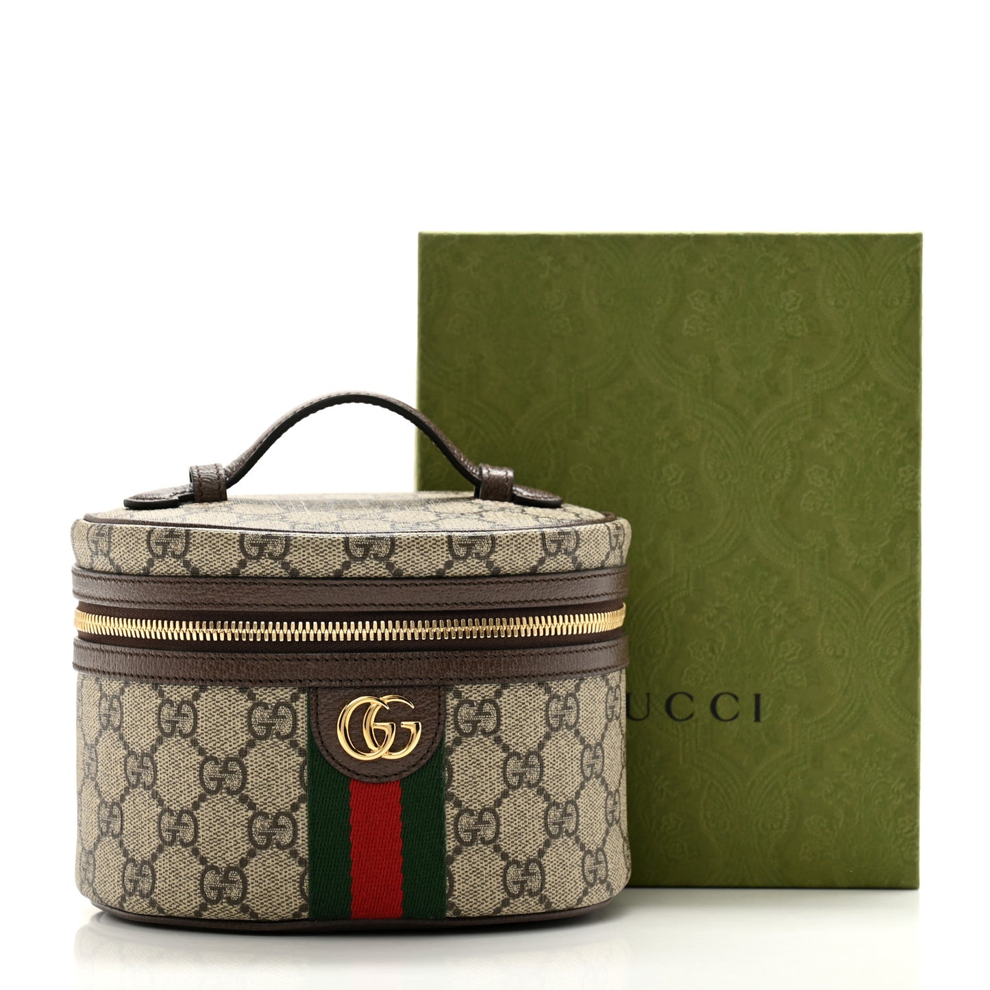 GG Supreme Monogram Textured Calfskin Web Ophidia Vanity Cosmetic Case Beige Ebony New Acero