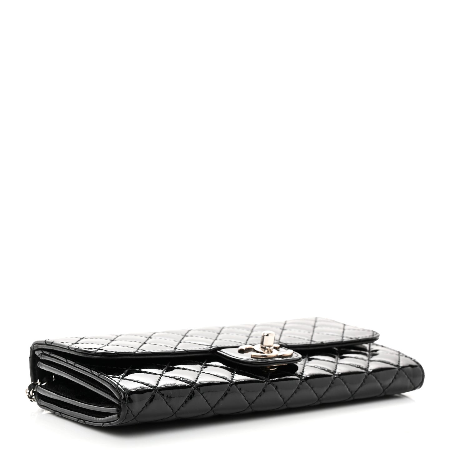 Patent Calfskin Quilted Flap Clutch With Chain Black