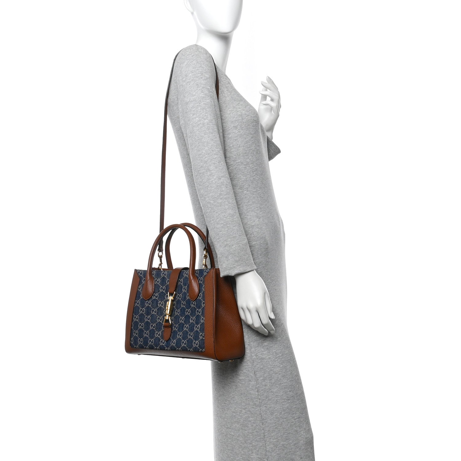 Gucci New Denim GG Monogram Dollar Calfskin Medium Jackie 1961 Tote Blue Tea Cuir Epilog 3 of 12