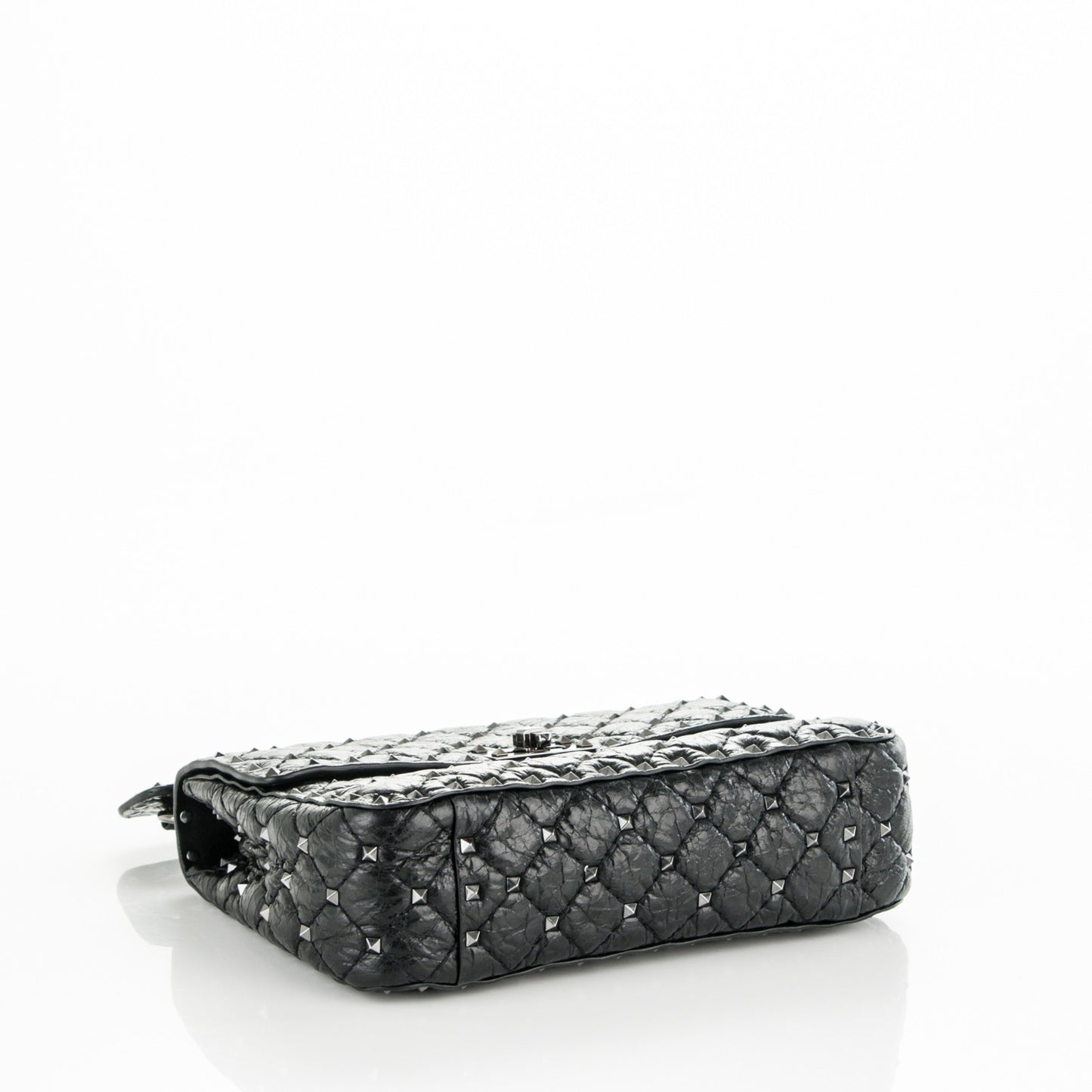 Craquele Nappa Medium Rockstud Spike Shoulder Bag Black