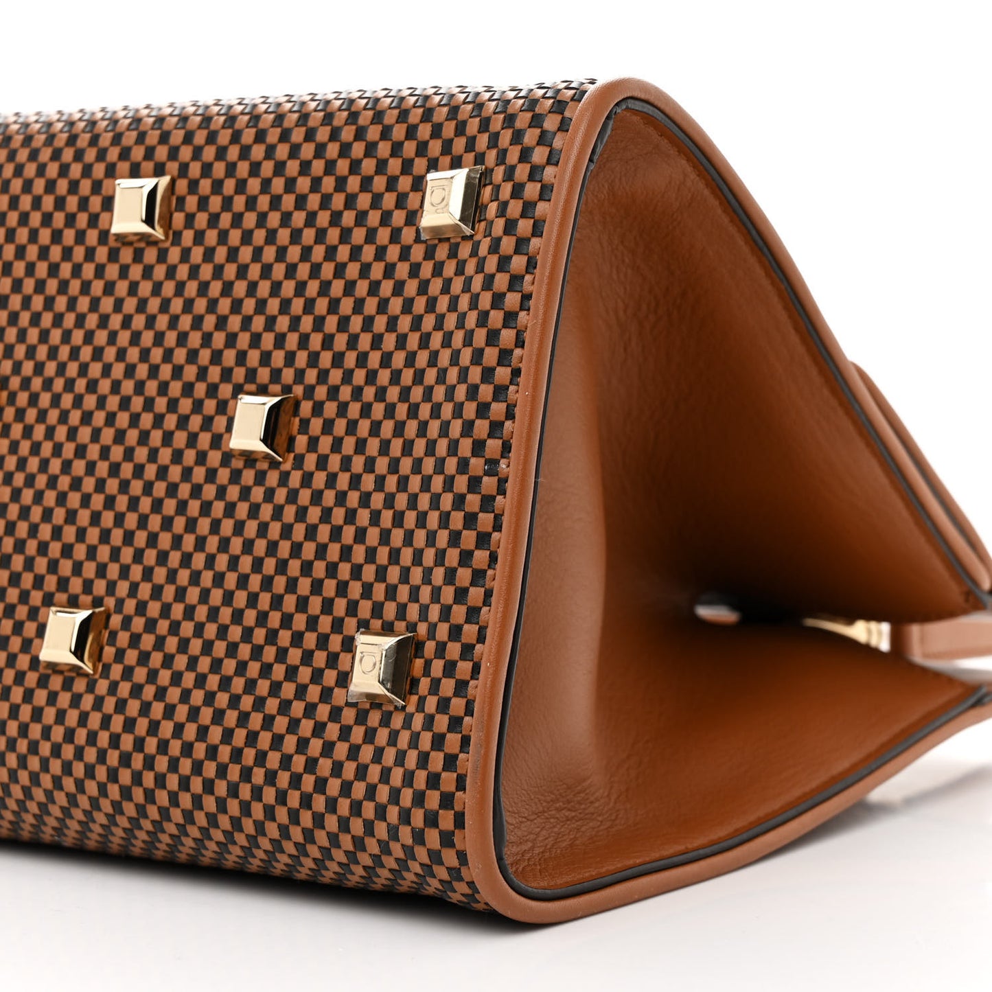 Woven Calfskin Medium Studio Top Handle Bag Tan Black