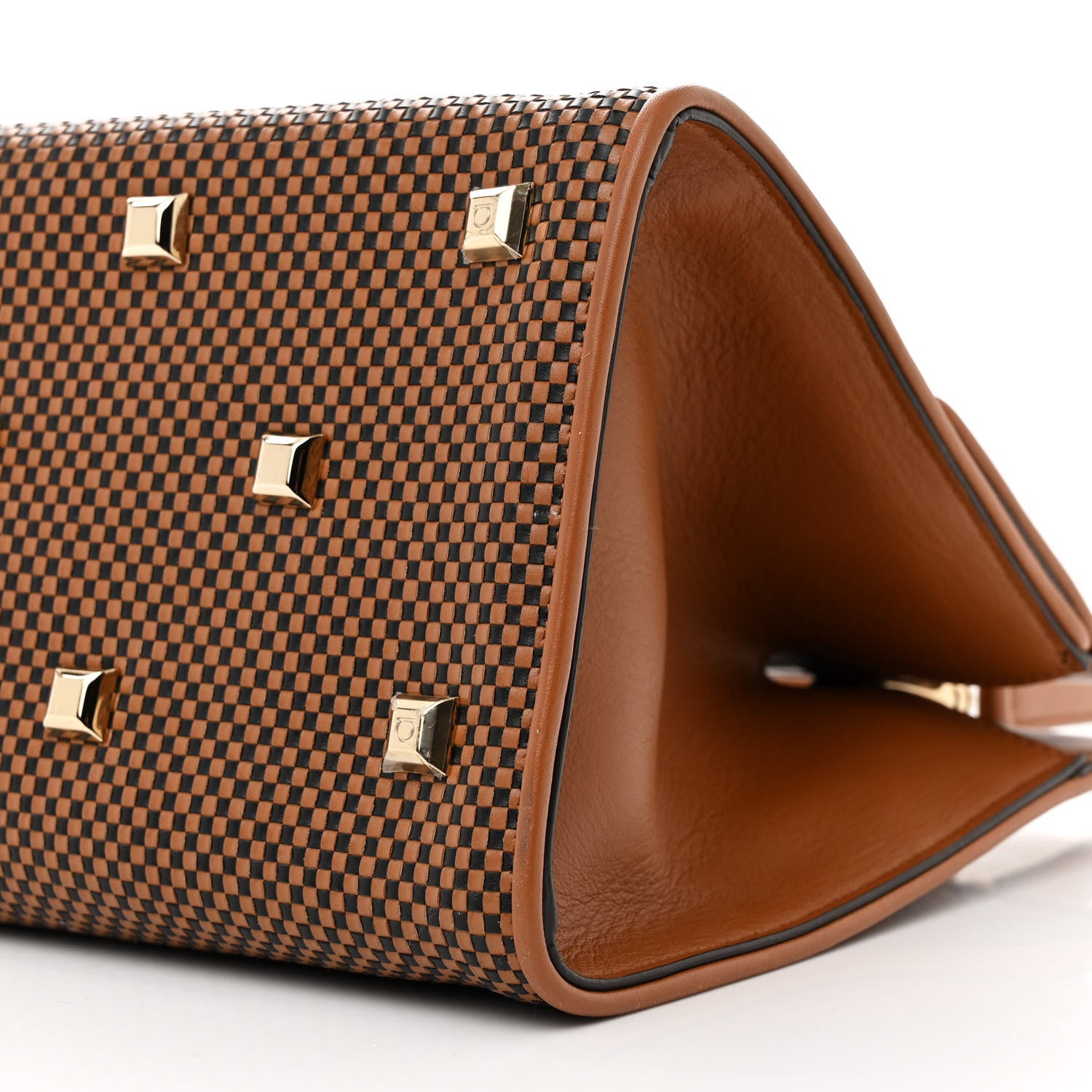 Salvatore Ferragamo Woven Calfskin Medium Studio Top Handle Bag Tan Black 9 of 10