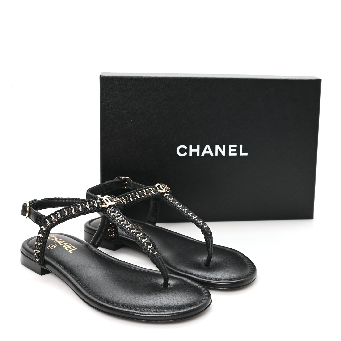 Lambskin Embroidered CC Thong Sandals 39 Black